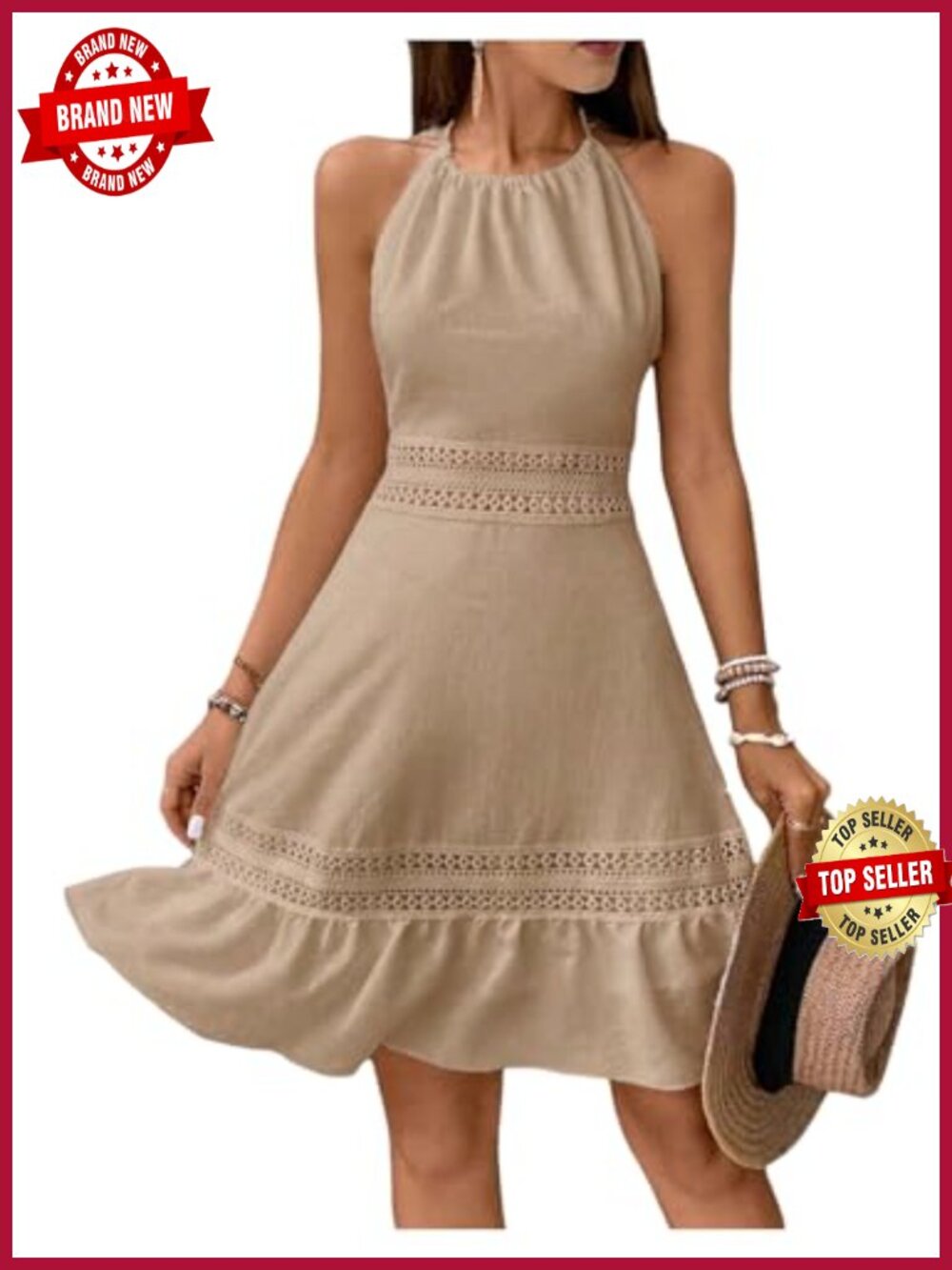 Sleeveless Ruffle Lace Halter Short Dress Open Back Summer